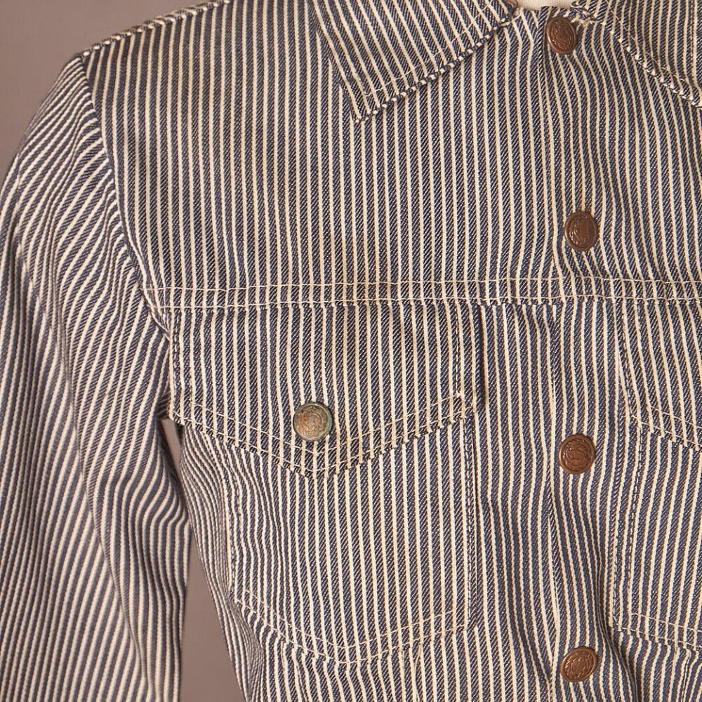 1980s Railroad Striped Denim Snap Up Jacket